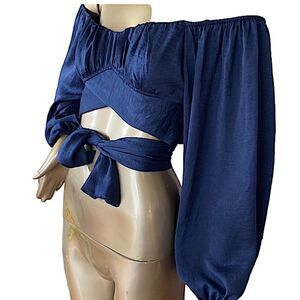 Navy blue cropped off the shoulder, top with balloons, sleeves and wrap tie